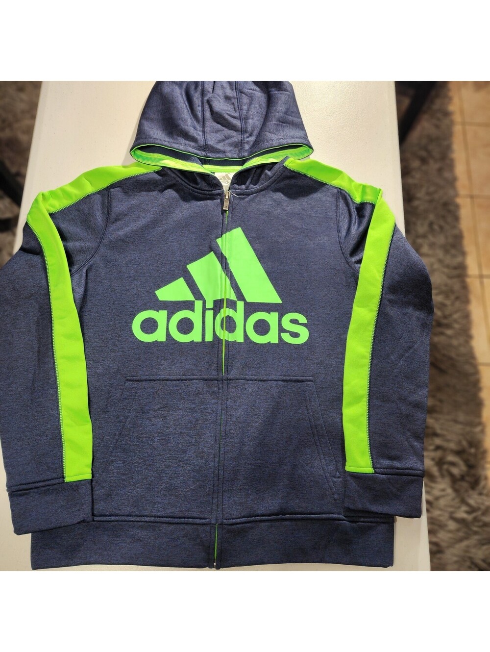 adidas Boys L (14/16) Full Zip Fleece Hoodie Navy Green Long Sleeve